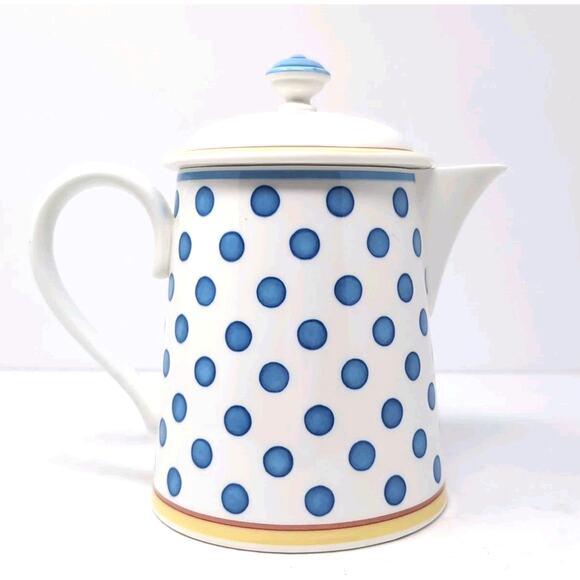 VTG Villeroy & Boch Twist Anna Coffee Pot White with Lid Blue Polka Dots Retired - Picture 4 of 9